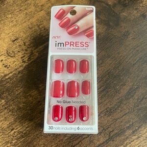 BNWT imPRESS Red Press-On Nail Set with Rhinestone Accents